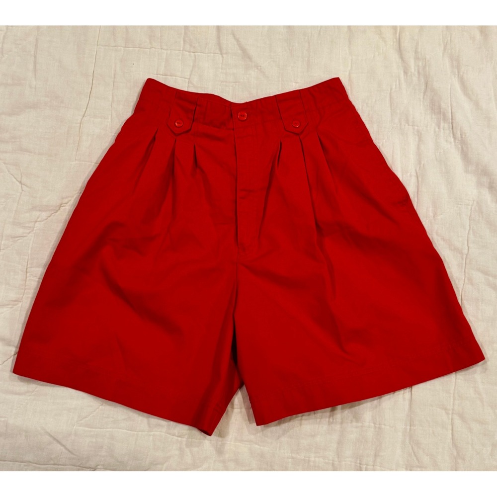 Vintage 80s In-Force INC Red High Waist Pleated Shorts Button Tab Waist Sz 11/12